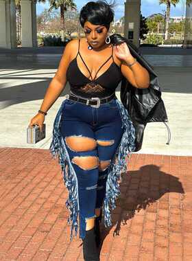 XL-5XL plus size ripped fringed ladies jeans大码破洞女牛仔裤