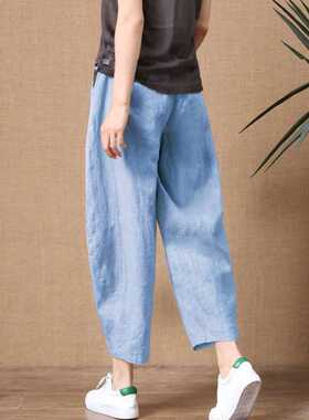ShiMai Women's Cotton Linen Pants Elastic Waist Vintage Trou