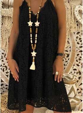 Loose lady's summer dress with lace halter on v-neck吊带女裙
