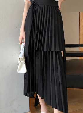 Spring Irregular Sashes Mid Calf Women Pleated Skirt Khaki P