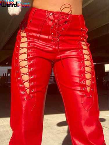 Weird Puss Faux PU Y2K High Waist Pants Women Chic Hollow Ou - 图2