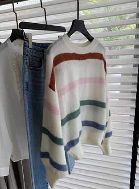 Women's Mohair Wool Striped Sweater Loose Design Long-sleeve