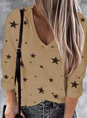 S-5xl Women's Printed V-neck Long sleeve T-shirt大码女士T恤