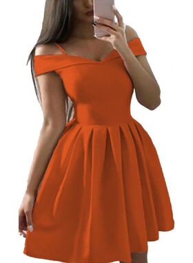 Fashion Party Women Dress Solid Color Pleated Off Shoulder