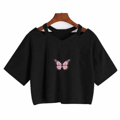 Summer Women Gothic T-Shirts Butterfly Crop Top Girls Short - 图3