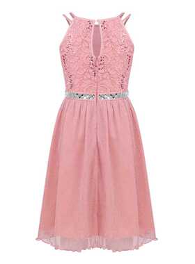 6-14 Years Kids Girls Sleeveless Sequined Floral Lace Shiny