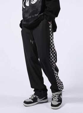 Checkerboard Plaid Pants Men's Side Stripes Loose Straight B