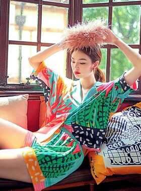 New Women Pajama Set Hand Drawn Art Tropical Plants Pyjama S