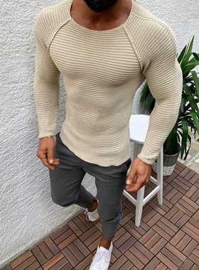 Autumn Winter Men's Pull Striped Sweaters Solid Color Slim K