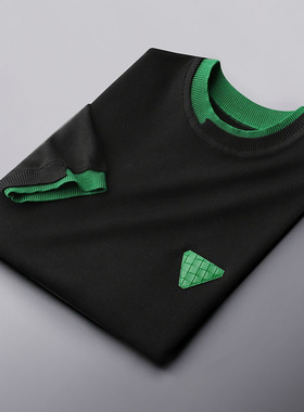 High end luxury white green stitching knitted T-shirt men's