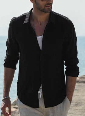 Summer Shirts Men's Baggy Solid Color Long Sleeve Button Loo