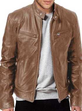 2022 Mens Fashion Leather Jacket Slim Fit Stand Collar PU Ja