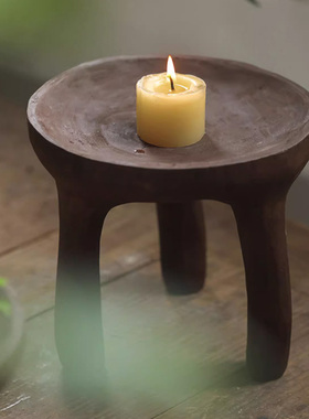 侘寂风实木三脚托盘复古装t饰果盘摆件民宿玄关小茶几家用木凳矮