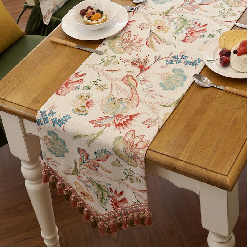 桌旗餐桌布台布茶几电视柜边柜盖巾美式轻奢花鸟印花法式现代定制 - 图0