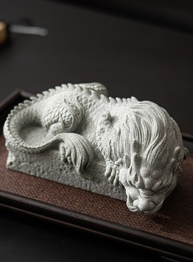 青砂石瑞兽中式盘龙桌p面水兽摆件鱼缸造景石压纸镇尺办公室招财