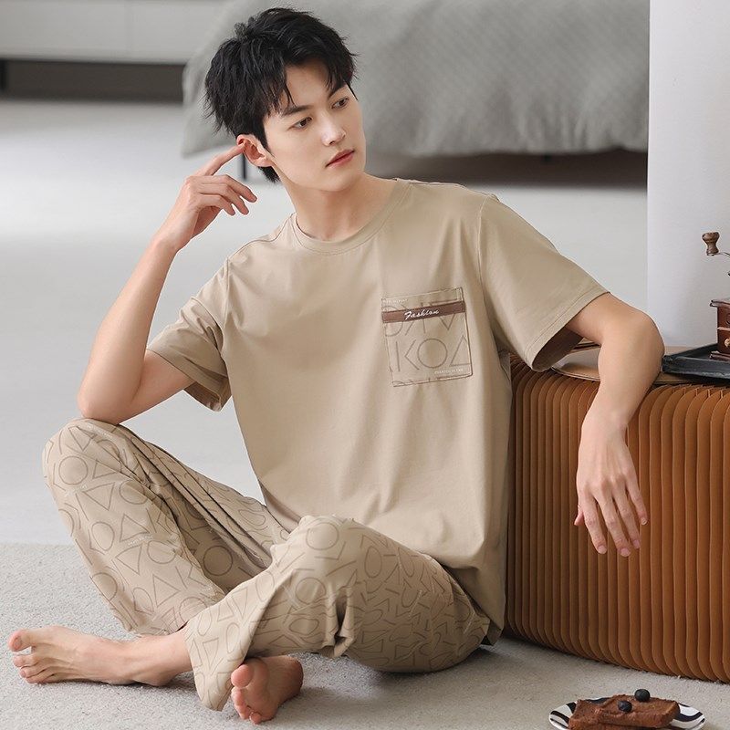 睡衣男夏季纯棉薄款短袖长裤2025新款休闲套头大码青年家居服套装,淘宝优惠券,粉丝福利购,淘宝优惠卷
