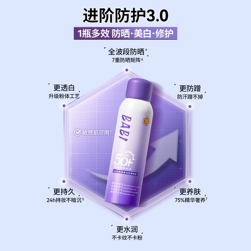 BABI防晒喷雾3.0骄阳水感美白持妆舒缓高倍防水防汗防紫外线 - 图0