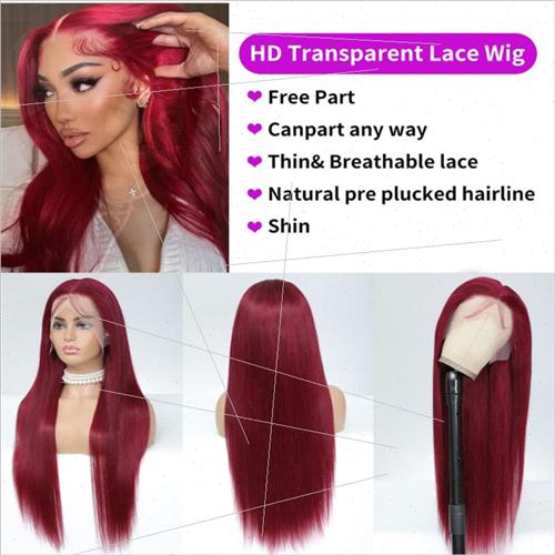 real hair wigs Europe wigs women long burgundy real hair lac-图0