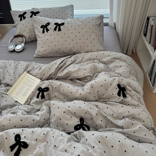 简约风灰色波点蝴蝶结毛巾绣水洗棉四件套软糯被套宿舍床单三件套 - 图1