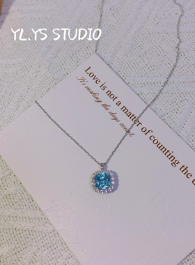 新品海蓝宝小糖豆钻石925纯银女方形镶钻吊坠颈饰珠宝轻奢锁骨链