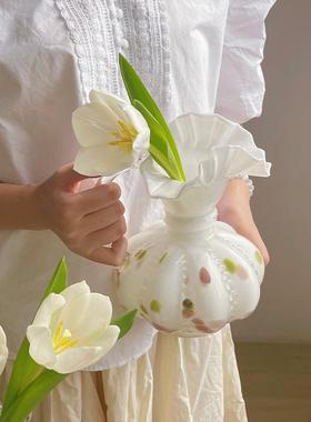 中古fenton芬顿花瓶褶皱花边奶白色单耳玻璃客厅水养插花器摆件