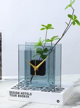 现代简约轻奢水晶玻璃方形时钟座钟摆件床头柜书桌玄关电视柜饰品