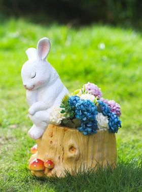 户外创意沉睡兔多肉花盆客厅落地摆件庭院顶楼阳台小院草坪布置