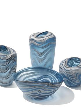 创意北欧简约水波纹蓝色手工玻璃花瓶居家客厅玄关软装瓶果盘