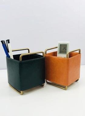 北欧皮质简约笔筒办公室创意遥控器女梳妆台网红桌面收纳盒摆件