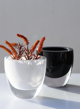 碧轩加厚黑白迷你玻璃花瓶平口碗状花瓶厚底玻璃透明花盆家居摆件
