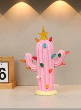 跨境仙人掌盆栽带灯件圣诞节日家居客厅玄关书桌树脂装饰艺术摆件