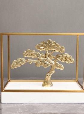 新中式大理石迎客松框架样板房售楼部卧室书房客厅电视柜家居摆件