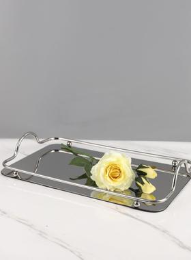 现代简约金属不锈钢镜面手提托盘摆件客厅晚上玄关酒店家居装饰品