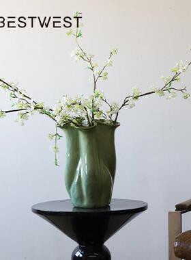 博西家居暗绿色白色陶瓷花瓶插花客厅餐桌花器摆件假花装饰轻奢