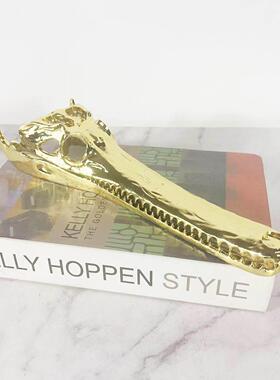 现代样板间金色鱼头骨造型金属抽象摆件装饰客厅家居托盘陈列