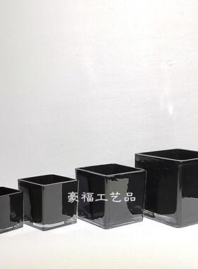 简约水培正方形喷黑白玻璃花瓶透明方缸绿萝水植家居桌面摆件