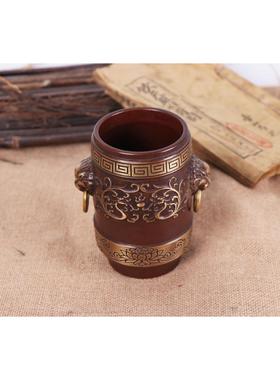 杨铜记 复古桌面办公摆件铜笔筒狮头莲花笔筒 铜笔筒