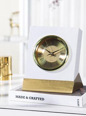 轻奢高档天然大理石金属时钟摆件创意家居酒店客厅卧室钟表饰品