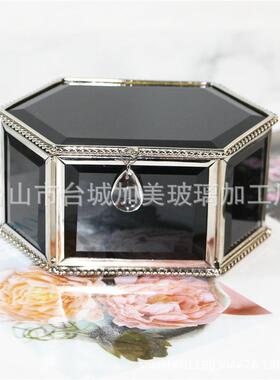 欧式六边形玻璃首饰盒摆件创意软装陈设黑色珠宝盒礼品展示盒