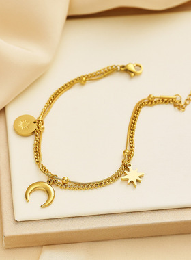 欧美INS不锈钢手链镀18k金真空电镀手环八芒星月亮吊坠钛钢手链