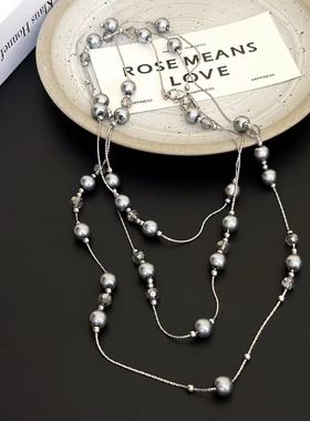 冷淡风银灰色珍珠满天星叠戴颈链长款项链女辣妹小众设计感锁骨链