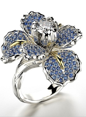 华杰欧美微镶满钻鸢尾花双色指环蓝色托帕石花朵订婚鸡尾酒女戒指