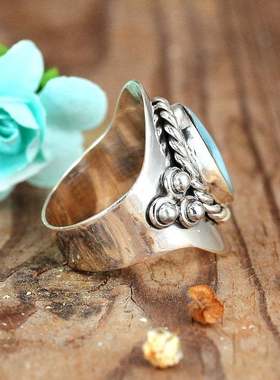 华杰wish跨境新款925银戒指 欧美风格波西米亚珠宝绿宝石戒指直销