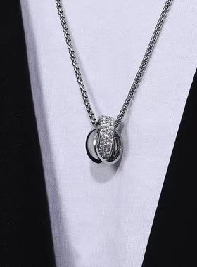 热卖不锈钢双环银河星环镶钻吊坠小众设计钛钢项链男女时尚高配饰