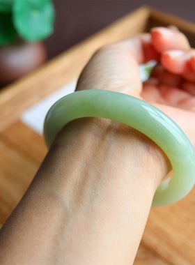 和田玉手镯俄料青白玉翠青玉宽条平安镯晴水葡萄肉老坑女保真