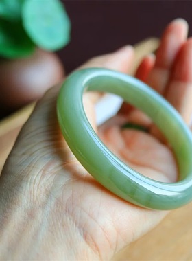 和田玉冰晴水手镯宽条玉镯白玉晴白湖水绿茶晴葡萄肉青提证书