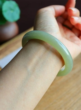 和田玉冰晴水手镯宽条玉镯白玉晴白湖水绿茶晴葡萄肉青提证书