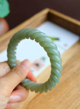 和田玉且末蓝绞丝手镯女正品镯子新疆青白玉青花汉风麻花证书