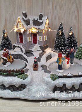 创意圣诞房子树脂摆件节日工艺礼品圣诞雪屋房子带LED灯带音乐盒