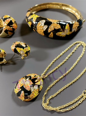 打标款彩釉蝴蝶黑色珐琅套装